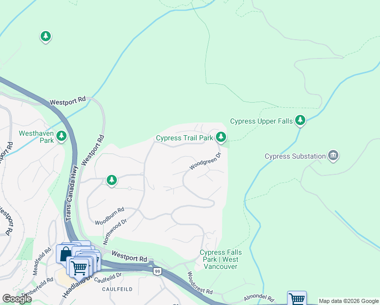 map of restaurants, bars, coffee shops, grocery stores, and more near 4721 Woodside Place in West Vancouver