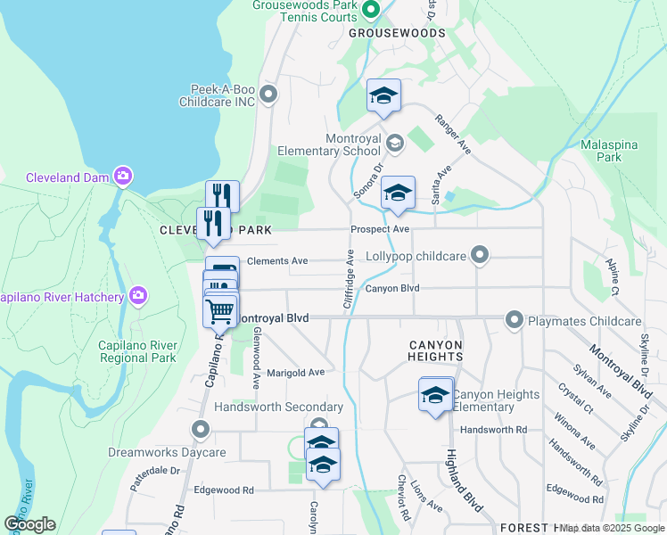 map of restaurants, bars, coffee shops, grocery stores, and more near 1025 Clements Avenue in North Vancouver