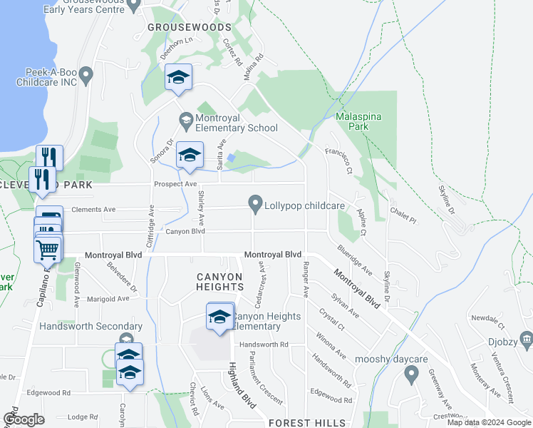 map of restaurants, bars, coffee shops, grocery stores, and more near 869 Clements Avenue in North Vancouver