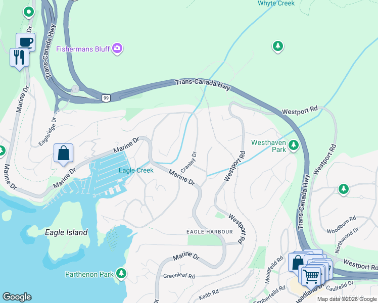 map of restaurants, bars, coffee shops, grocery stores, and more near 5725 Cranley Drive in West Vancouver