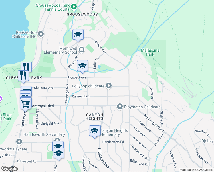 map of restaurants, bars, coffee shops, grocery stores, and more near 900 Clements Avenue in North Vancouver