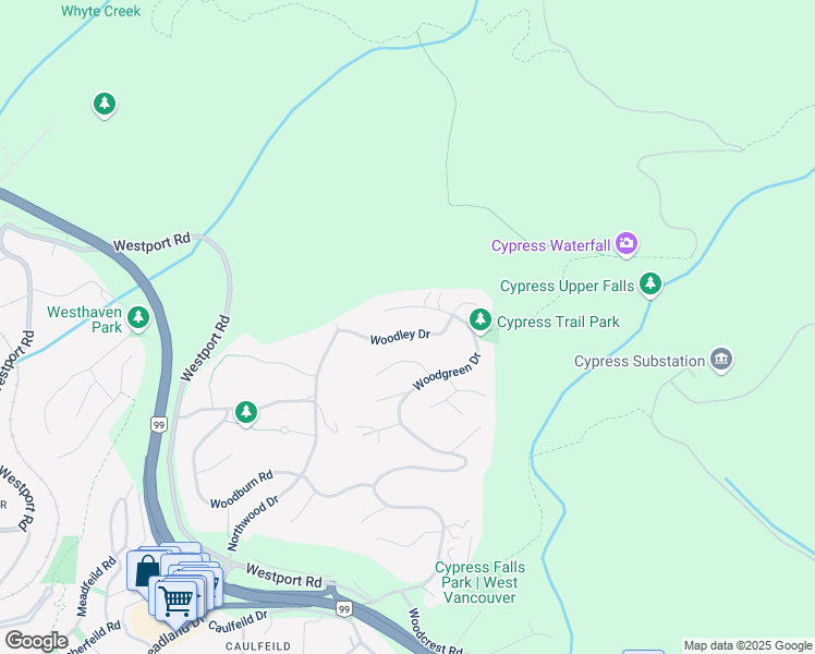 map of restaurants, bars, coffee shops, grocery stores, and more near 4755 Woodley Drive in West Vancouver