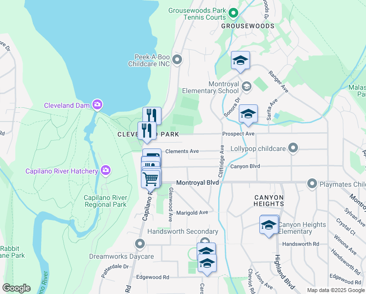 map of restaurants, bars, coffee shops, grocery stores, and more near 1076 Clements Avenue in North Vancouver