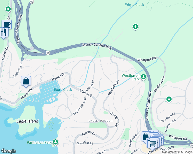 map of restaurants, bars, coffee shops, grocery stores, and more near 5730 Cranley Drive in West Vancouver