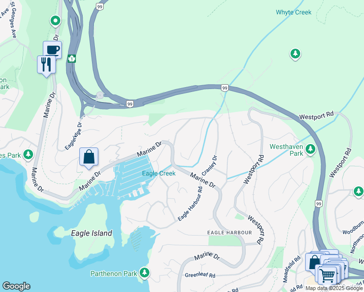 map of restaurants, bars, coffee shops, grocery stores, and more near 5773 Primrose Place in West Vancouver