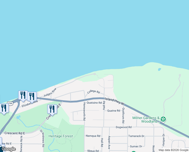 map of restaurants, bars, coffee shops, grocery stores, and more near 450 Judges Row in Qualicum Beach