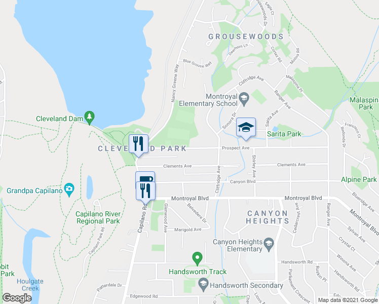 map of restaurants, bars, coffee shops, grocery stores, and more near 1061 Prospect Avenue in North Vancouver