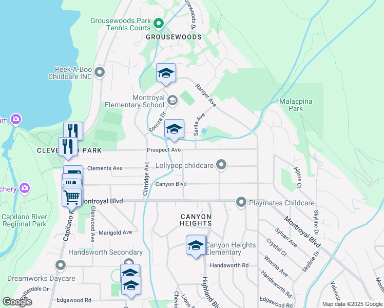 map of restaurants, bars, coffee shops, grocery stores, and more near 945 Prospect Avenue in North Vancouver