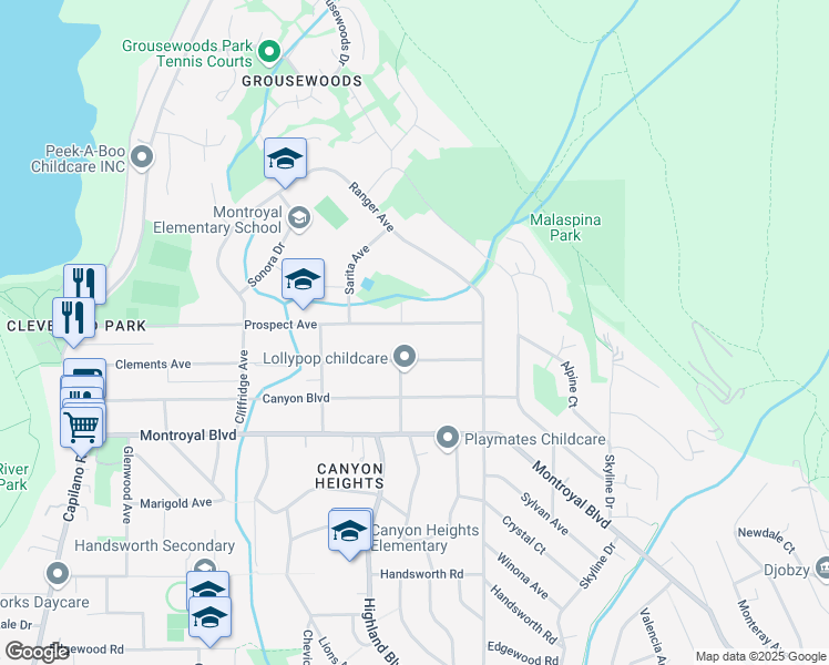 map of restaurants, bars, coffee shops, grocery stores, and more near 877 Prospect Avenue in North Vancouver