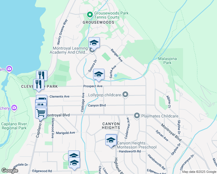 map of restaurants, bars, coffee shops, grocery stores, and more near 945 Prospect Avenue in North Vancouver