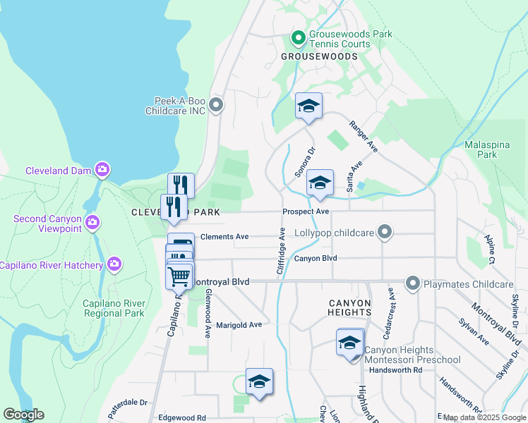 map of restaurants, bars, coffee shops, grocery stores, and more near Prospect Avenue in North Vancouver