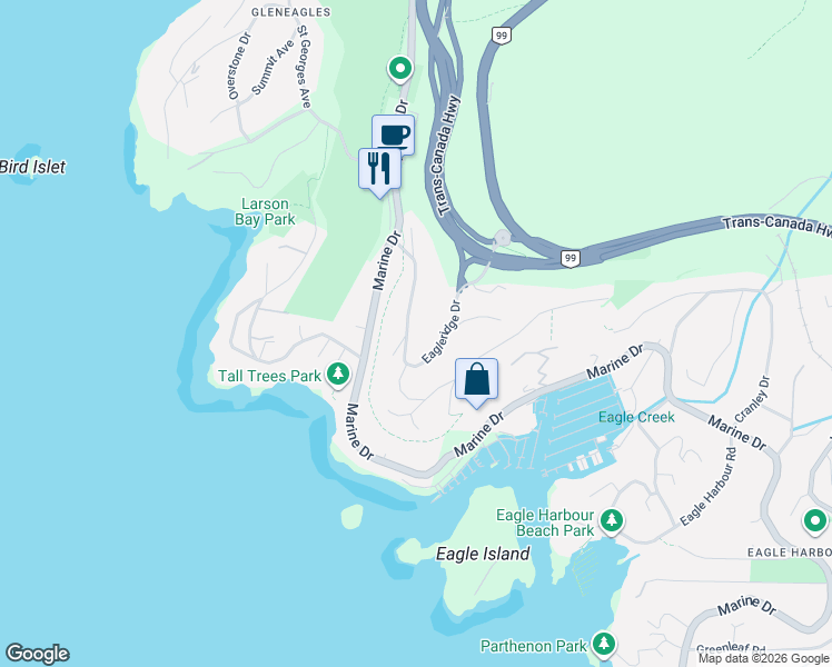map of restaurants, bars, coffee shops, grocery stores, and more near 6035 Eagleridge Drive in West Vancouver