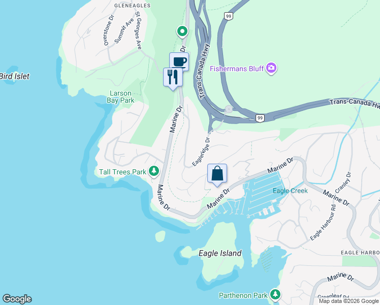 map of restaurants, bars, coffee shops, grocery stores, and more near 6035 Eagleridge Drive in West Vancouver