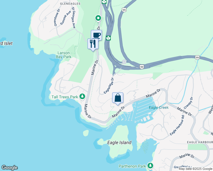 map of restaurants, bars, coffee shops, grocery stores, and more near 6011 Eagleridge Drive in West Vancouver