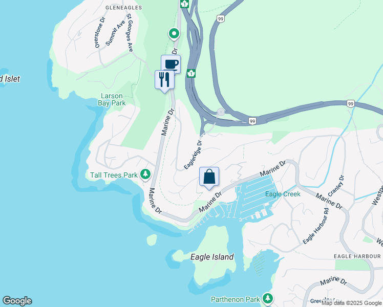 map of restaurants, bars, coffee shops, grocery stores, and more near 6011 Eagleridge Drive in West Vancouver
