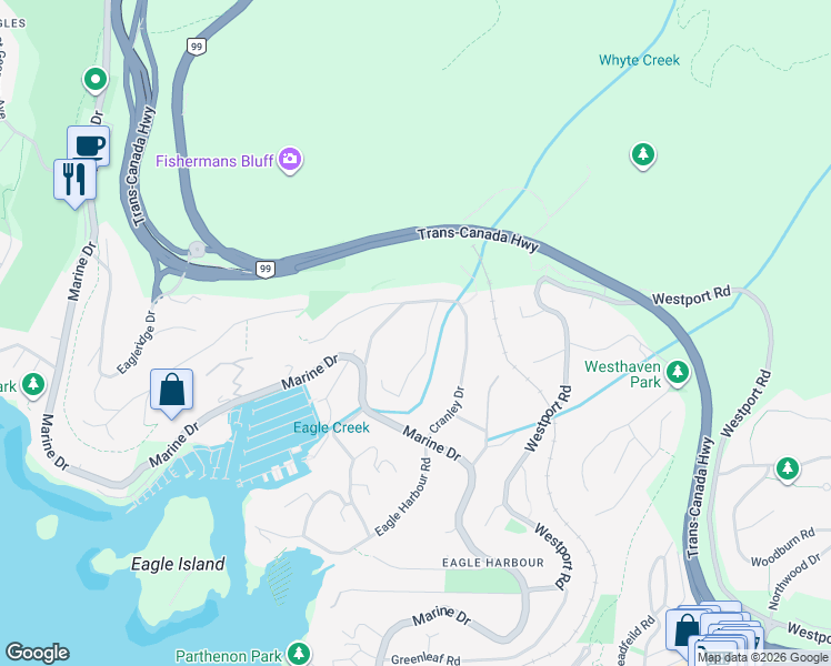 map of restaurants, bars, coffee shops, grocery stores, and more near 5733 Bluebell Drive in West Vancouver