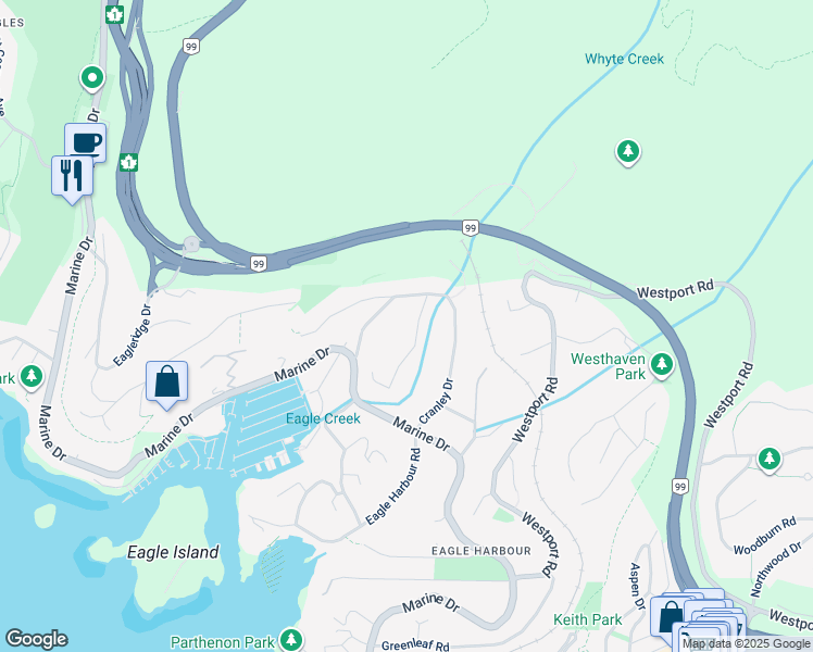 map of restaurants, bars, coffee shops, grocery stores, and more near 5733 Bluebell Drive in West Vancouver