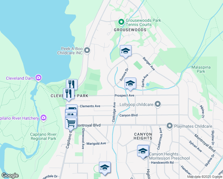 map of restaurants, bars, coffee shops, grocery stores, and more near 5157 Cliffridge Avenue in North Vancouver