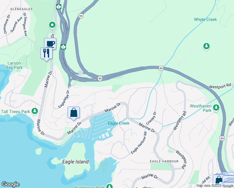 map of restaurants, bars, coffee shops, grocery stores, and more near 5780 Cranley Drive in West Vancouver