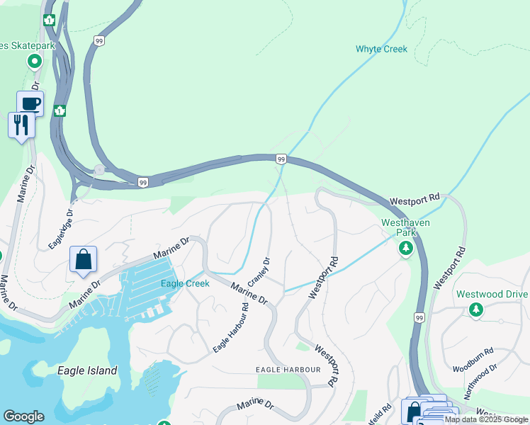 map of restaurants, bars, coffee shops, grocery stores, and more near 5745 Cranley Drive in West Vancouver