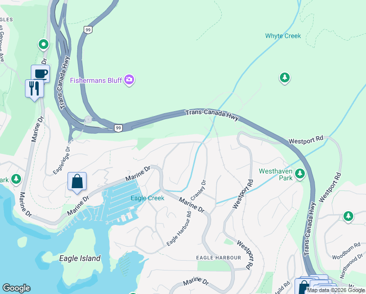 map of restaurants, bars, coffee shops, grocery stores, and more near 5757 Cranley Drive in West Vancouver