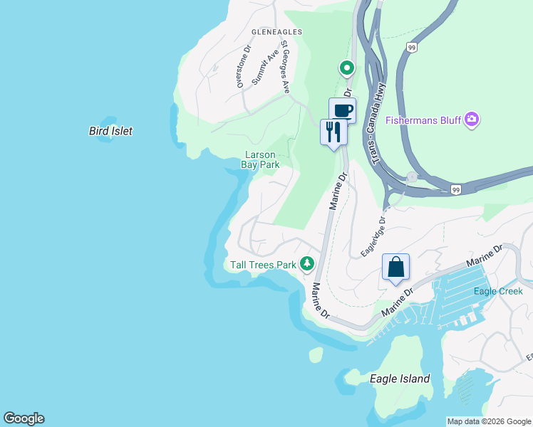 map of restaurants, bars, coffee shops, grocery stores, and more near 6105 Gleneagles Drive in West Vancouver