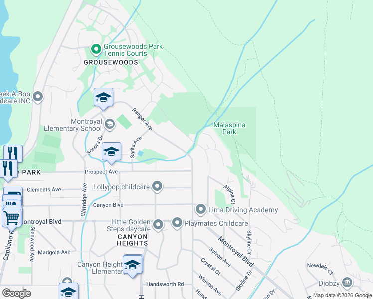 map of restaurants, bars, coffee shops, grocery stores, and more near 5154 Ranger Avenue in North Vancouver