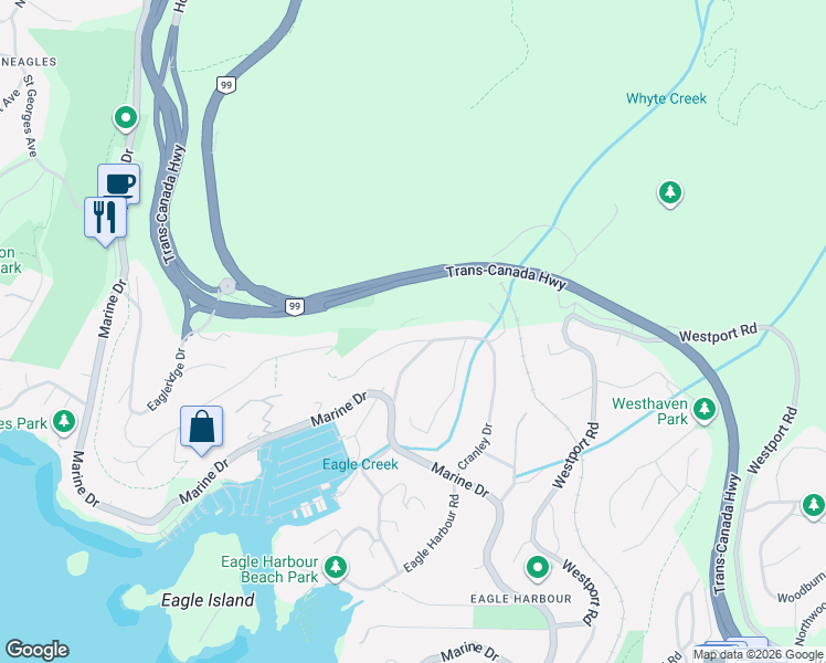 map of restaurants, bars, coffee shops, grocery stores, and more near 5766 Cranley Drive in West Vancouver