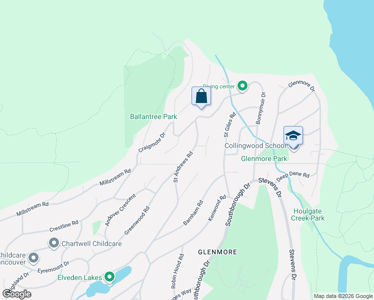 map of restaurants, bars, coffee shops, grocery stores, and more near 585 Saint Andrews Road in West Vancouver