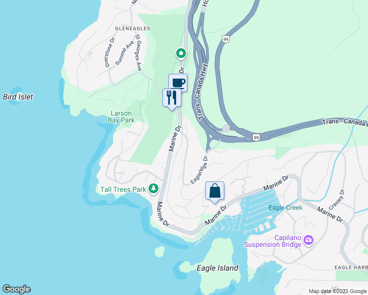 map of restaurants, bars, coffee shops, grocery stores, and more near 6080 Eagleridge Drive in West Vancouver