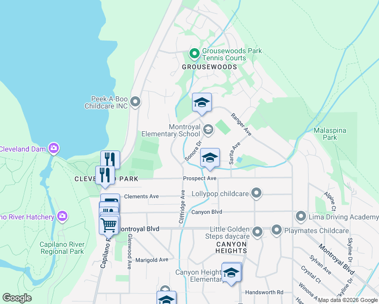 map of restaurants, bars, coffee shops, grocery stores, and more near 5197 Sonora Drive in North Vancouver