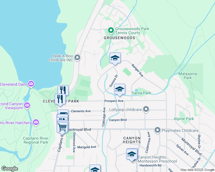 map of restaurants, bars, coffee shops, grocery stores, and more near 5197 Sonora Drive in North Vancouver