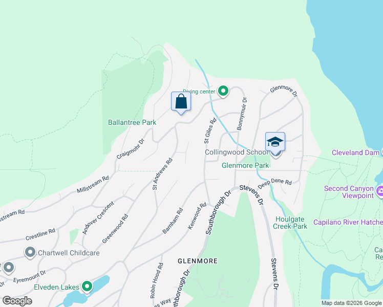 map of restaurants, bars, coffee shops, grocery stores, and more near 574 Saint Andrews Place in West Vancouver