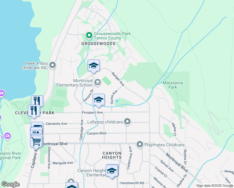 map of restaurants, bars, coffee shops, grocery stores, and more near 5222 Sarita Avenue in North Vancouver