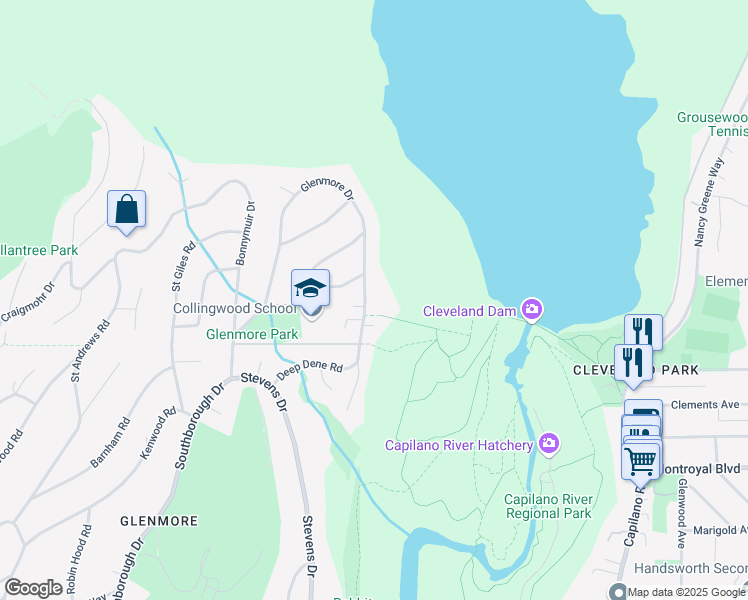 map of restaurants, bars, coffee shops, grocery stores, and more near 25 Glenmore Drive in West Vancouver