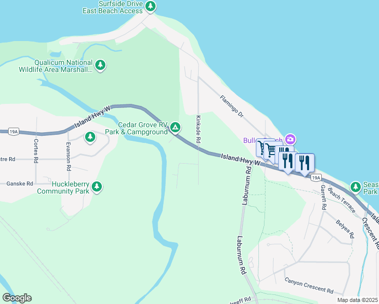 map of restaurants, bars, coffee shops, grocery stores, and more near 3506 Island Highway West in Qualicum Beach