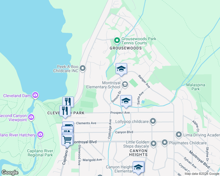 map of restaurants, bars, coffee shops, grocery stores, and more near 5290 Cliffridge Avenue in North Vancouver