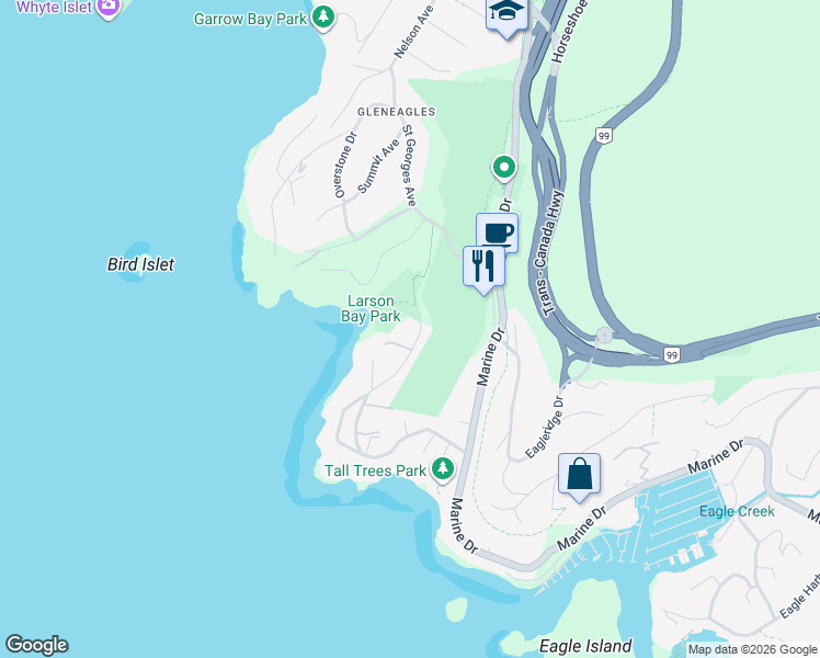 map of restaurants, bars, coffee shops, grocery stores, and more near 6154 Gleneagles Drive in West Vancouver