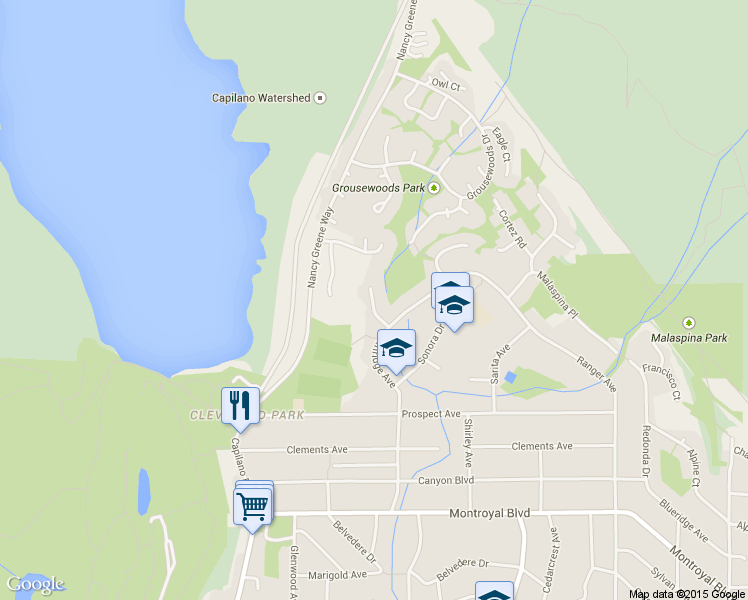 map of restaurants, bars, coffee shops, grocery stores, and more near 5372 Esperanza Drive in North Vancouver