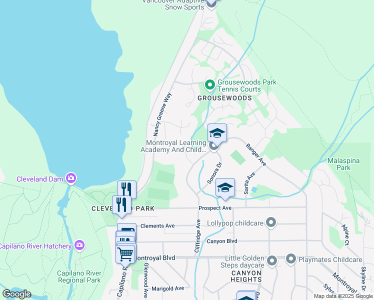 map of restaurants, bars, coffee shops, grocery stores, and more near 5372 Esperanza Drive in North Vancouver