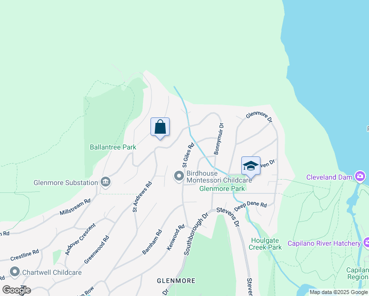 map of restaurants, bars, coffee shops, grocery stores, and more near 567 Saint Giles Road in West Vancouver