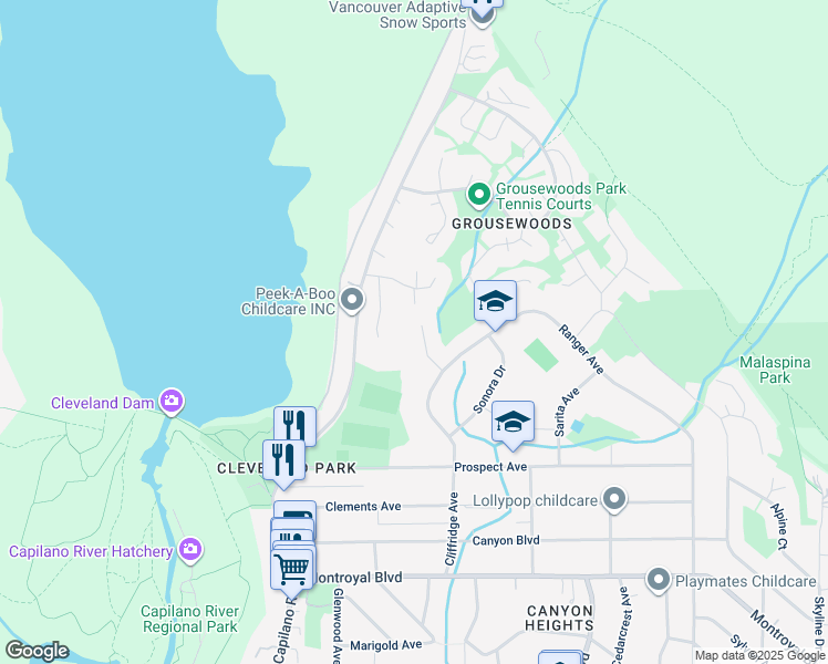 map of restaurants, bars, coffee shops, grocery stores, and more near 5401 Esperanza Drive in North Vancouver