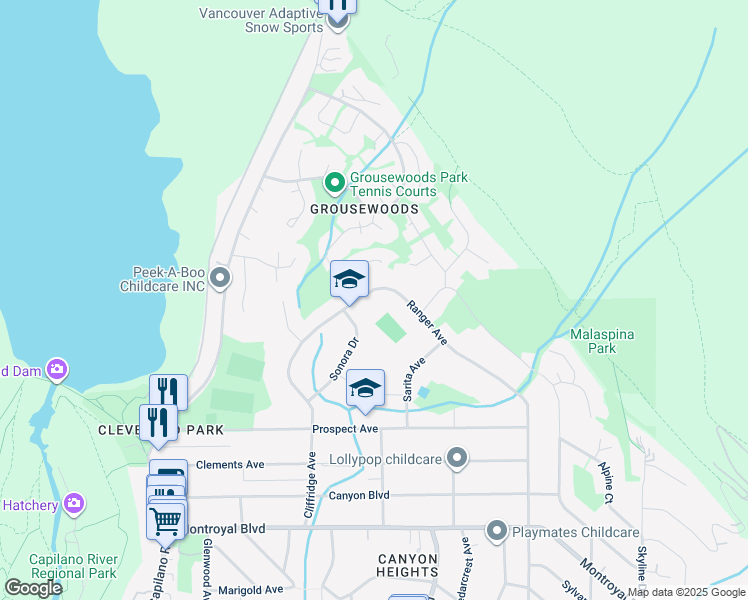 map of restaurants, bars, coffee shops, grocery stores, and more near 5446 Cliffridge Avenue in North Vancouver
