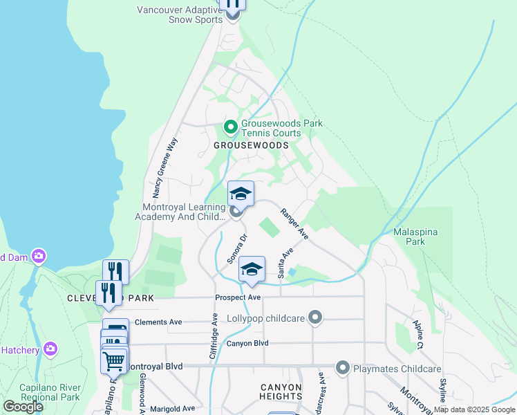 map of restaurants, bars, coffee shops, grocery stores, and more near 5446 Cliffridge Avenue in North Vancouver