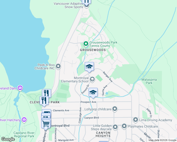 map of restaurants, bars, coffee shops, grocery stores, and more near 5427 Cliffridge Avenue in North Vancouver