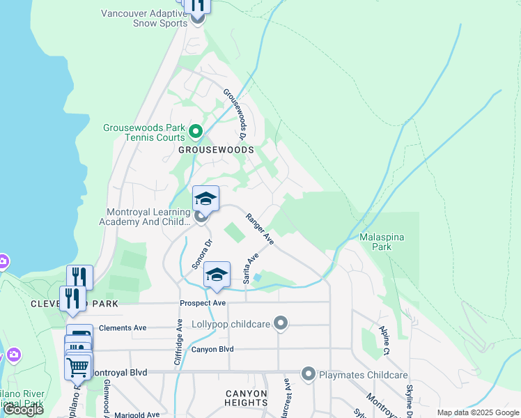 map of restaurants, bars, coffee shops, grocery stores, and more near 5374 Malaspina Place in North Vancouver