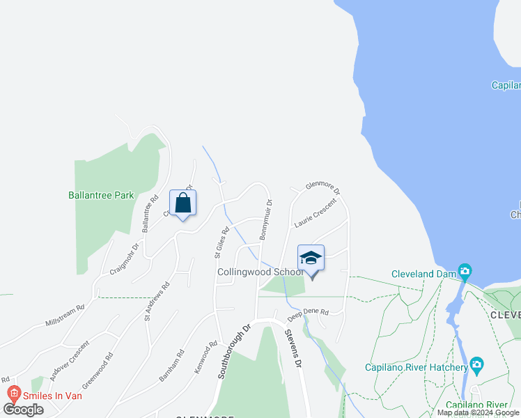 map of restaurants, bars, coffee shops, grocery stores, and more near 87 Bonnymuir Drive in West Vancouver