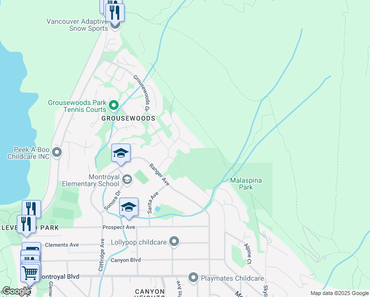 map of restaurants, bars, coffee shops, grocery stores, and more near 5419 Molina Crescent in North Vancouver