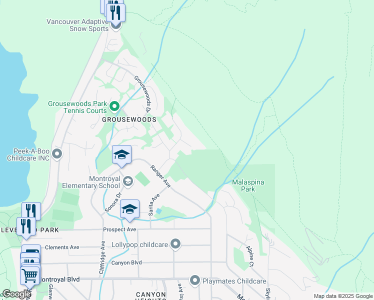 map of restaurants, bars, coffee shops, grocery stores, and more near 5419 Molina Crescent in North Vancouver