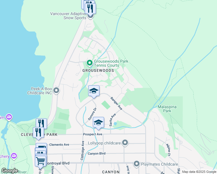 map of restaurants, bars, coffee shops, grocery stores, and more near 5454 Cortez Crescent in North Vancouver